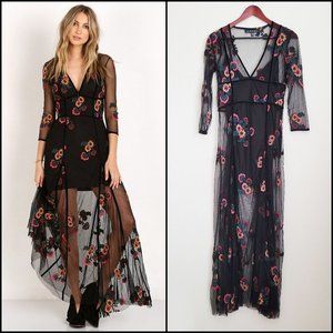 NWOT For Love & Lemons Elenora Floral Mesh Embroidered Dress Black, Size Medium